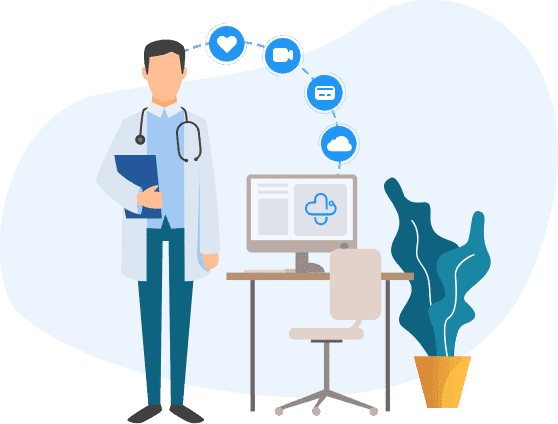 Profissional de saúde usando o software médico Shosp no computador e no celular